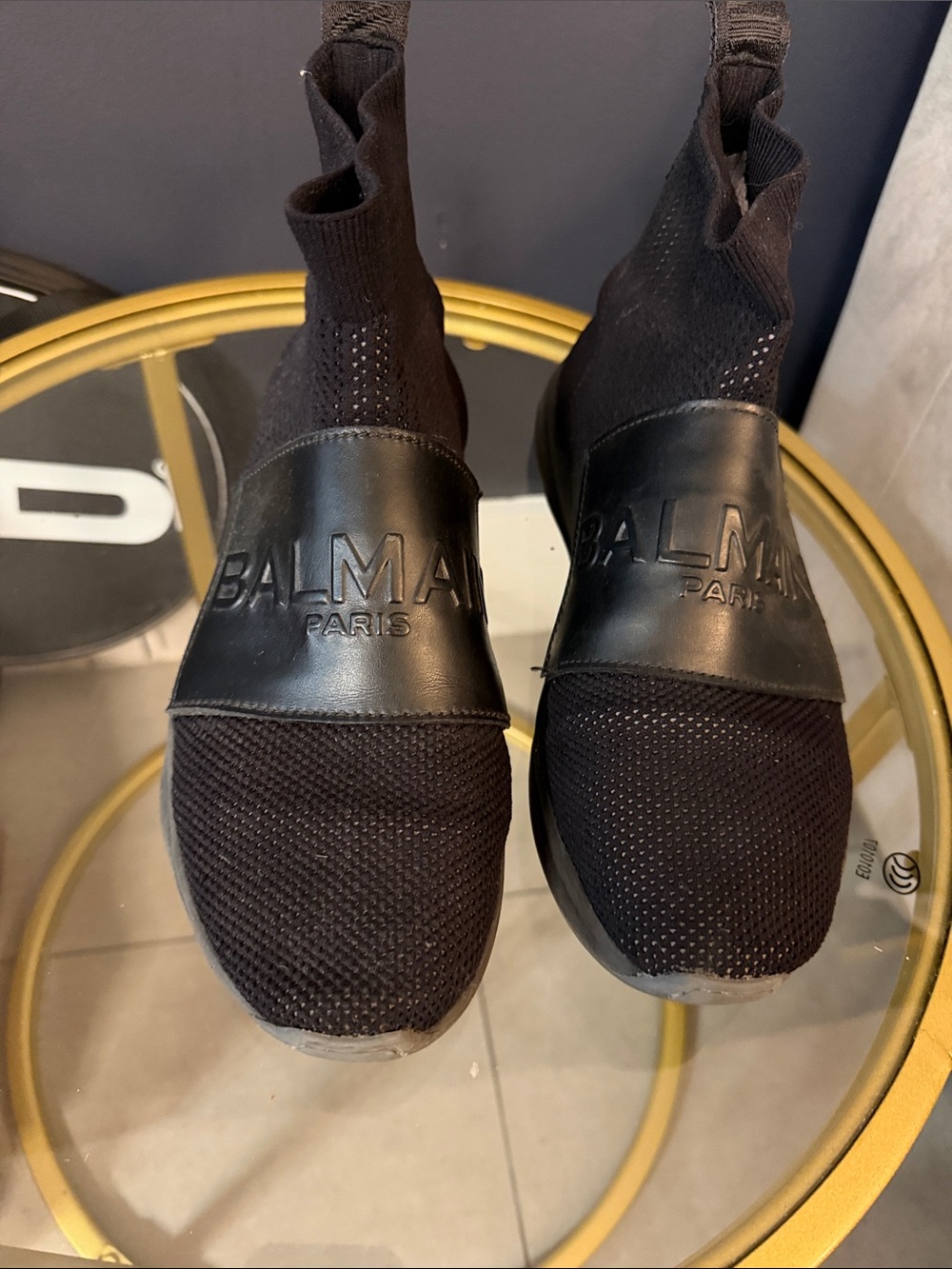 Balmain Black Knit Sock Sneakers with Debossed Leather Strap